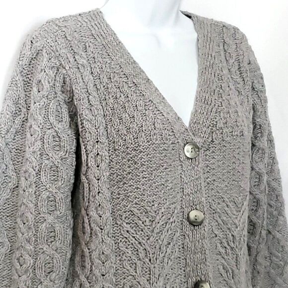 Kilronan Wool Cable Knit Cardigan Sweater M Tree Pattern Front Back Heather Gray - Picture 3 of 7